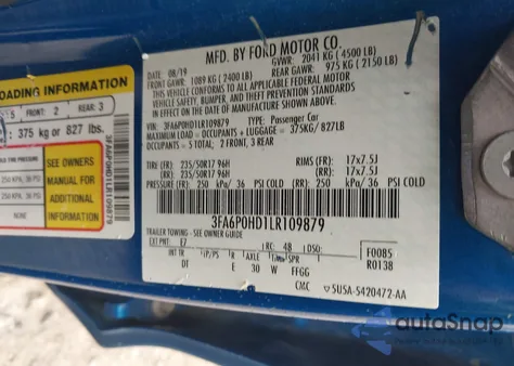 2020 Ford Fusion Se z USA, uszkodzony, nr VIN 3FA6P0HD1LR109879